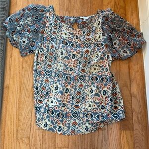Wonens small Lucky Brand Boho Peasant Lightweight  Blue Floral Short-Sleeve Top